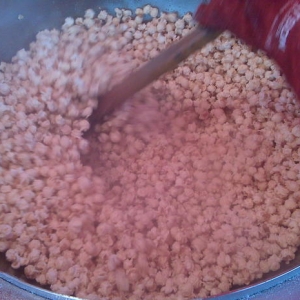 and just before they dump it in the sifter. One large batch makes aprox. 6 gallons of Kettle Korn.